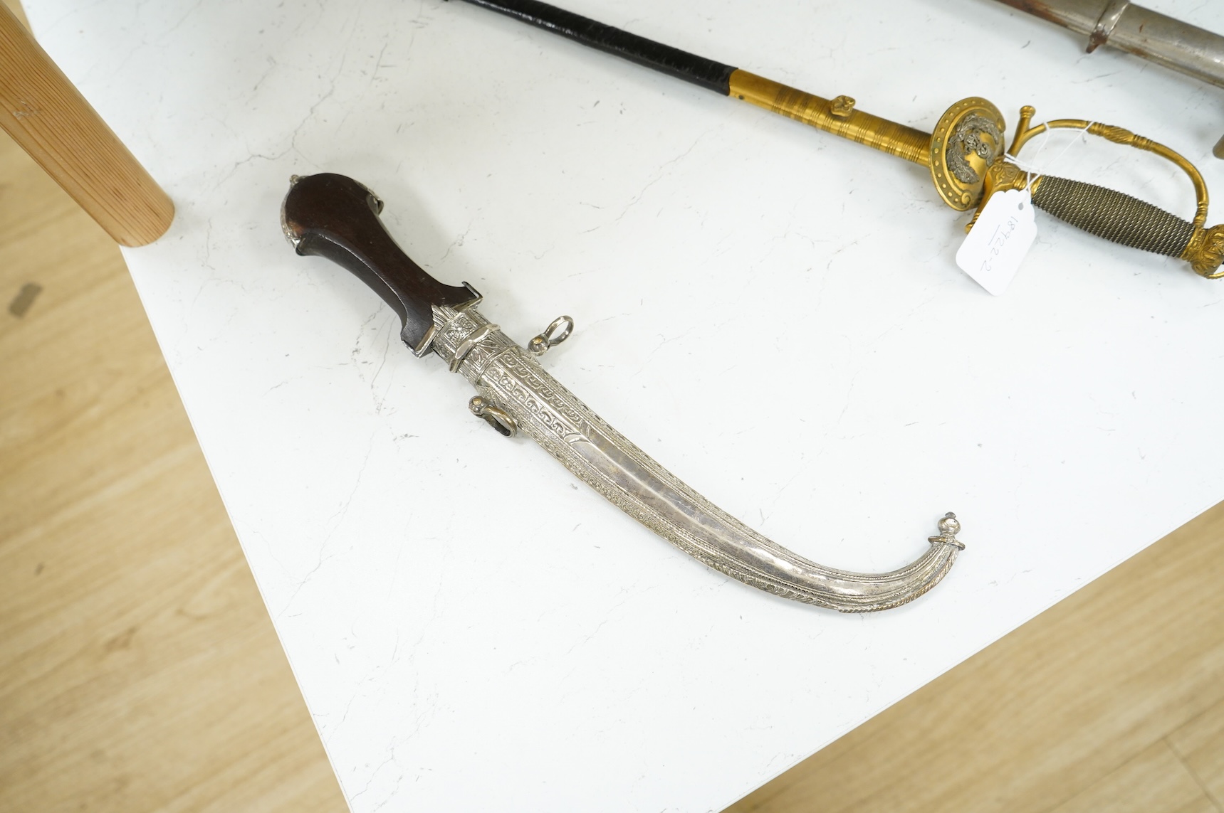 A cased Moroccan hallmarked silver mounted hardwood handled dagger jambya, overall length 42cm